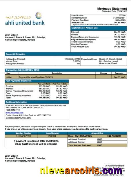 Kuwait Al Ahli United Bank mortgage statement Word and PDF template